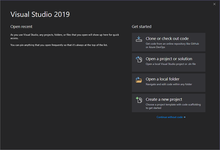 Visual Studio 2019 の新しいスタート ウィンドウのスクリーンショット