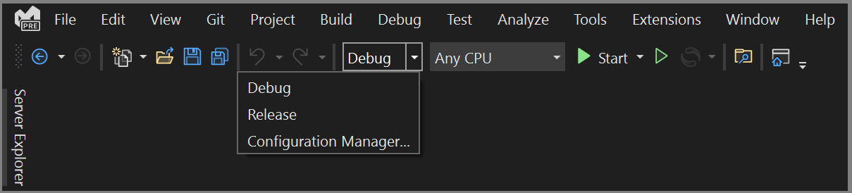 Visual Studio 2022 のビルド構成ピッカーのスクリーンショット。