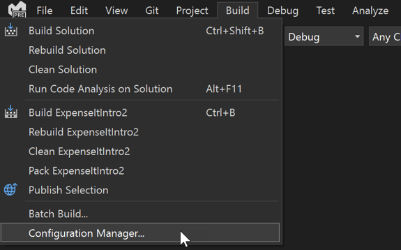 [ビルド] メニューの [Configuration Manager] コマンドのスクリーンショット。