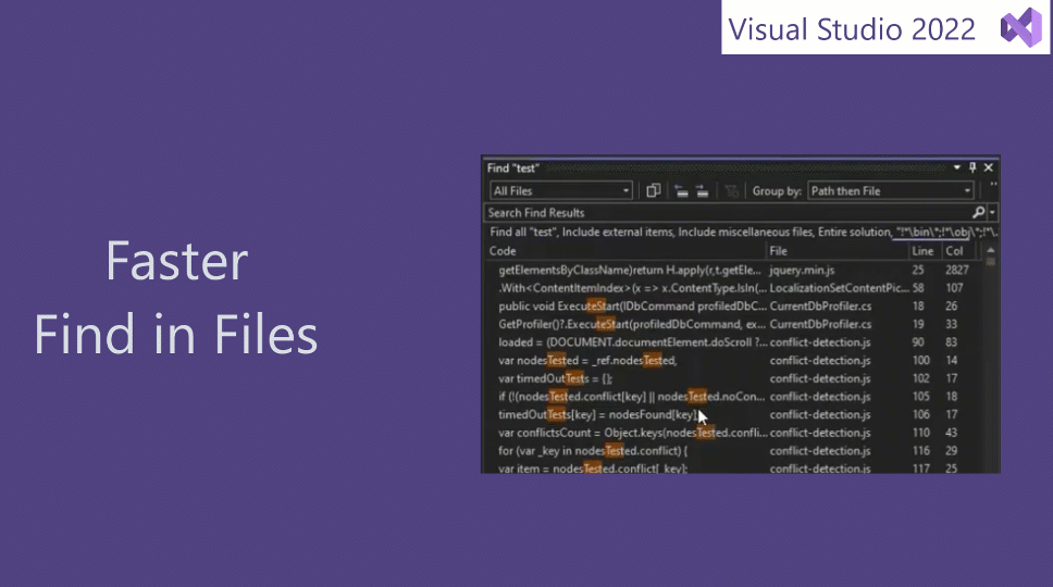 前のバージョンの Visual Studio よりも 3 倍高速に大規模な C# ソリューションを検索する [フォルダーを指定して検索] 機能のアニメーション。