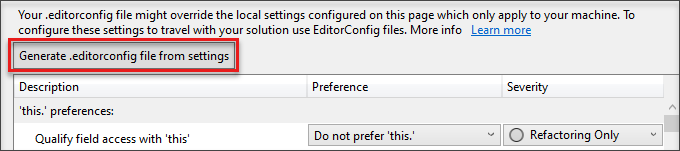 設定から editorconfig ファイルを生成するのスクリーンショット。