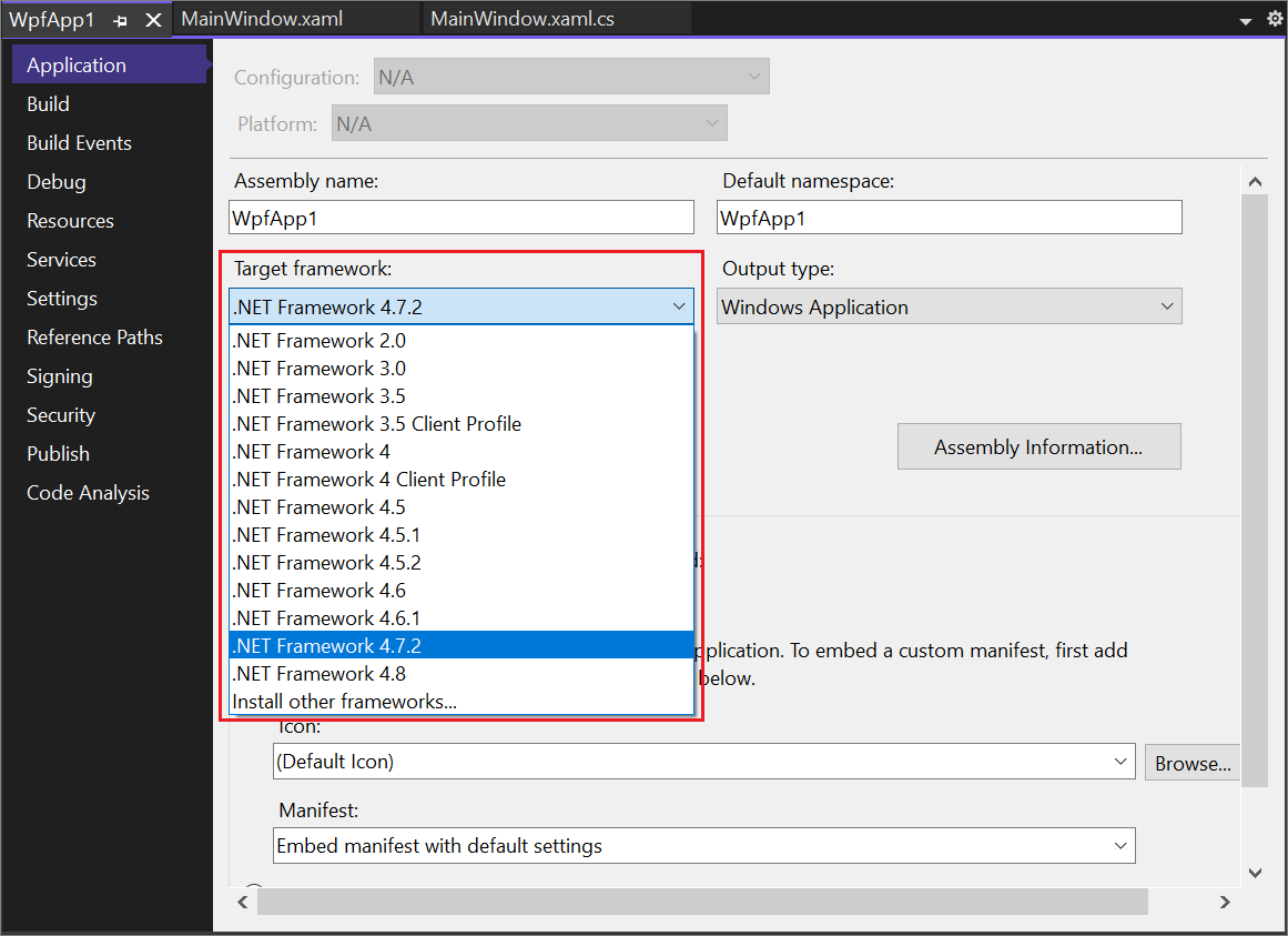 .NET Framework オプションが強調表示されている [プロジェクトのプロパティ] ダイアログのスクリーンショット。