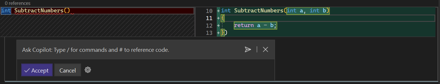 Visual Studio での GitHub Copilot コードの提案の変更を示すスクリーンショット