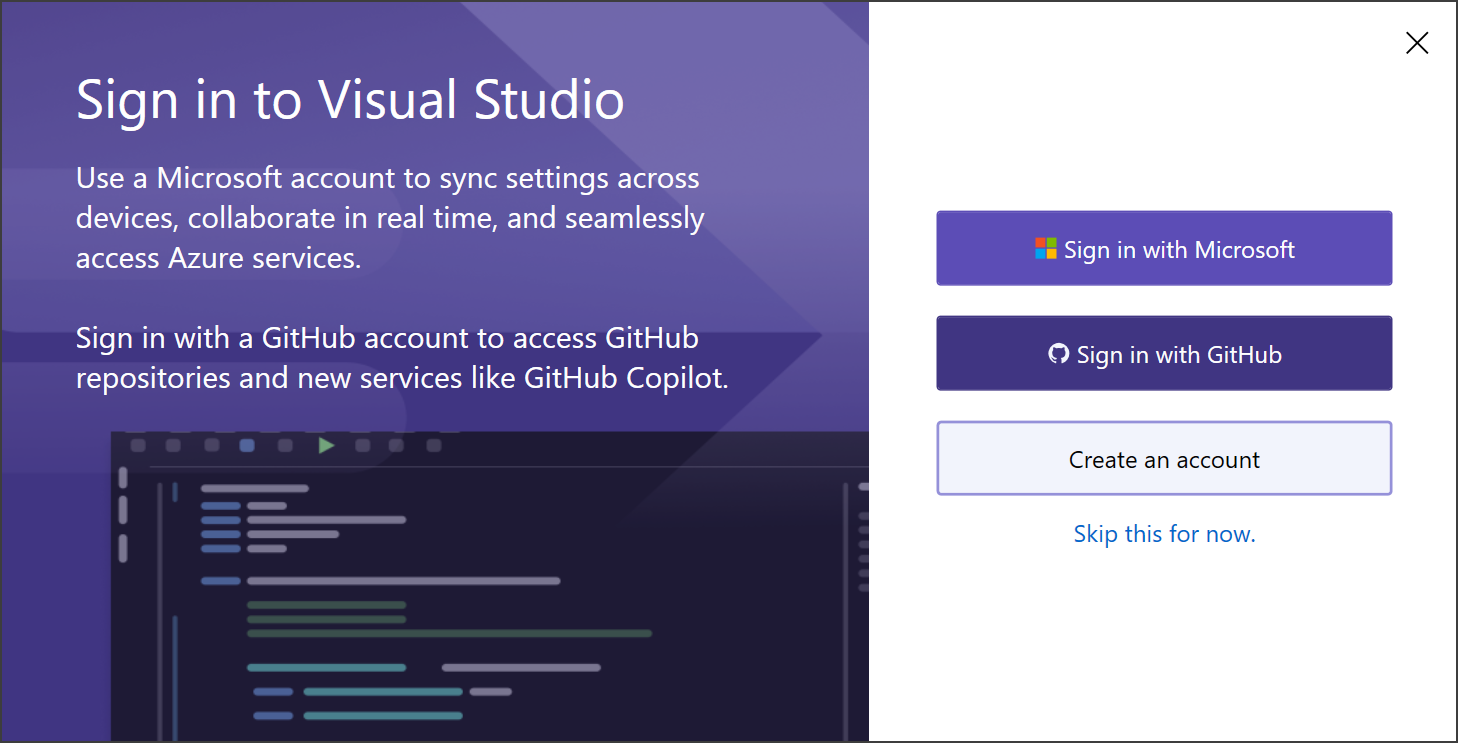 Visual Studio IDE での最初の起動サインイン ダイアログのスクリーンショット。