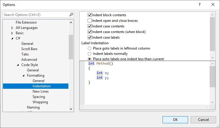 Visual Studio での C# テキスト エディターのインデント オプション