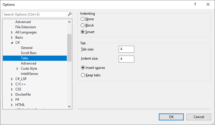 Visual Studio の C# テキスト エディターのタブ オプション