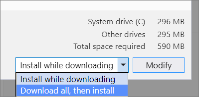 Visual Studio インストーラーのダウンロードとインストールのオプションのスクリーンショット。
