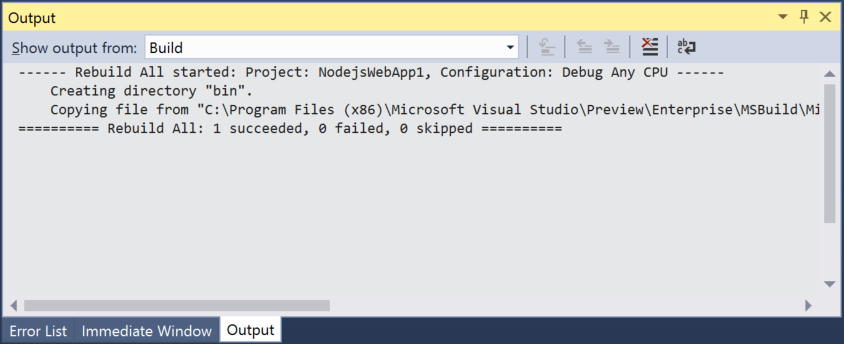 Visual Studio での詳細なビルド出力のスクリーンショット。