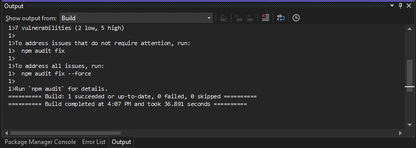 Visual Studio の [出力] ウィンドウのスクリーンショット。