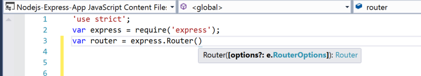 JavaScript コードが入力されている Visual Studio コード ウィンドウのスクリーンショット。Router() 関数の IntelliSense 情報が表示されます。