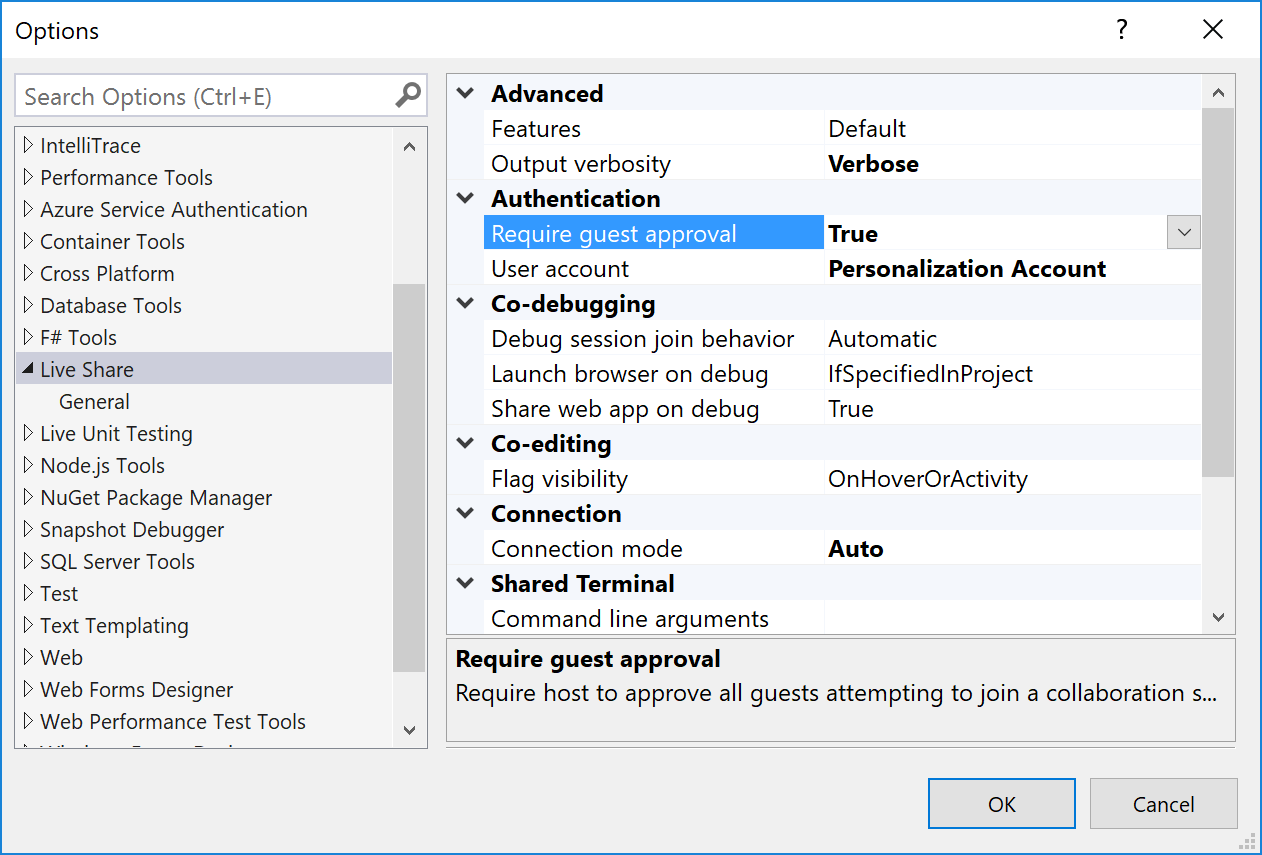 ゲスト承認設定が強調表示された Visual Studio の設定ウィンドウ