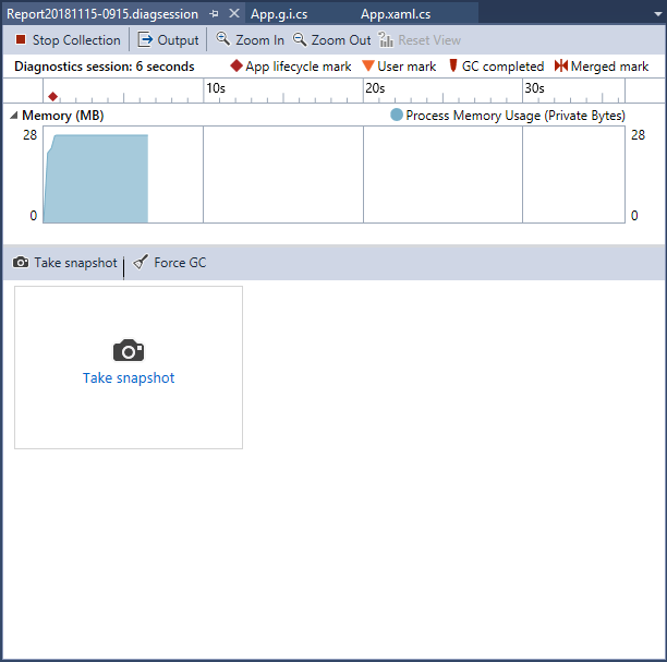 アプリのメモリ使用量のタイムライン グラフを示す Visual Studio パフォーマンス プロファイラーの [診断ツール] ウィンドウのスクリーンショット。