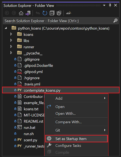 Visual Studio 2022 のソリューション エクスプローラー内で contemplate koans Python ファイルをスタートアップ項目として設定するための方法を示しているスクリーンショット。