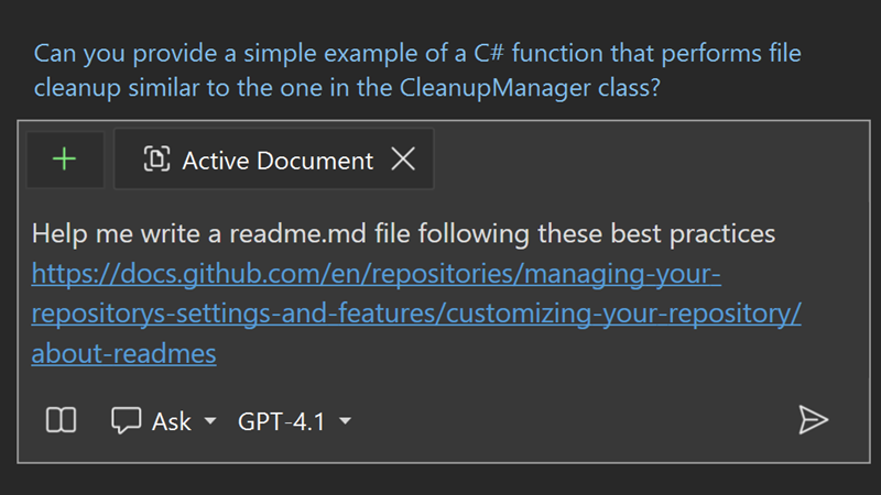 GitHub URL を参照用に貼り付けた readme.md ファイルの書き込みを求めるプロンプトを示す Copilot Chat のスクリーンショット