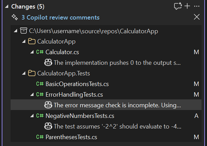 [Git の変更] ウィンドウの各ファイルのコード レビュー コメント