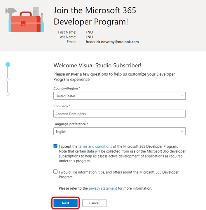 Microsoft 365 Developer のようこそ画面