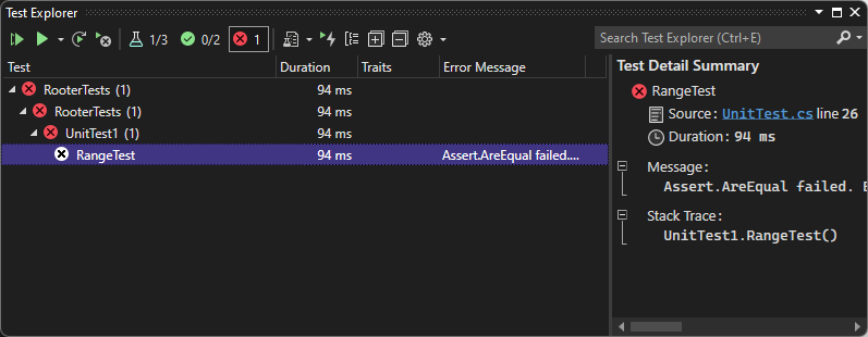 テスト エクスプローラーで RangeTest が失敗することを示すスクリーンショット。