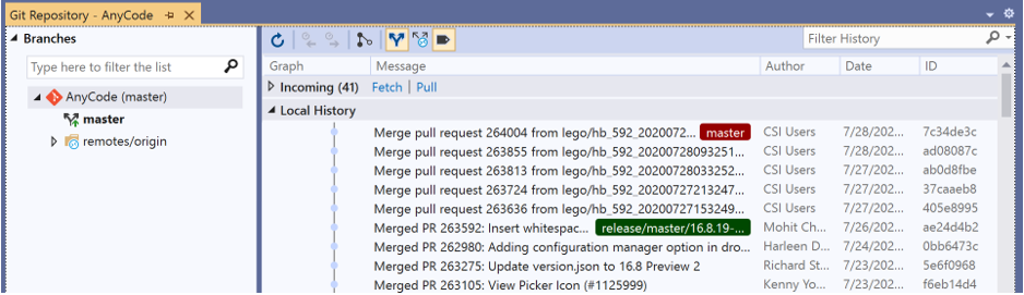 Visual Studio のブランチのコミット履歴を表示する Git リポジトリ ウィンドウ 