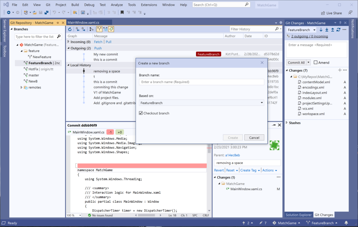 ソリューション エクスプローラーの [Git] メニューと [Git の変更] タブを強調表示する Visual Studio IDE。