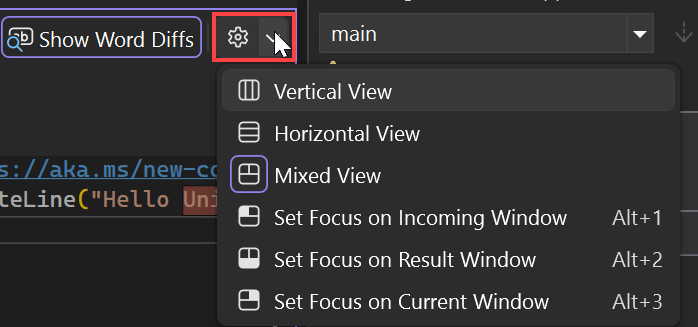 [マージ エディター] レイアウト オプションを示すスクリーンショット。