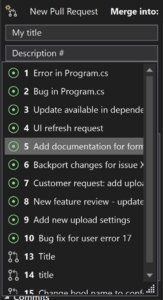 説明ボックスに #を含む新しいプル要求と、Visual Studio 2022 に表示される関連する GitHub の問題と pull request の一覧が表示されます。