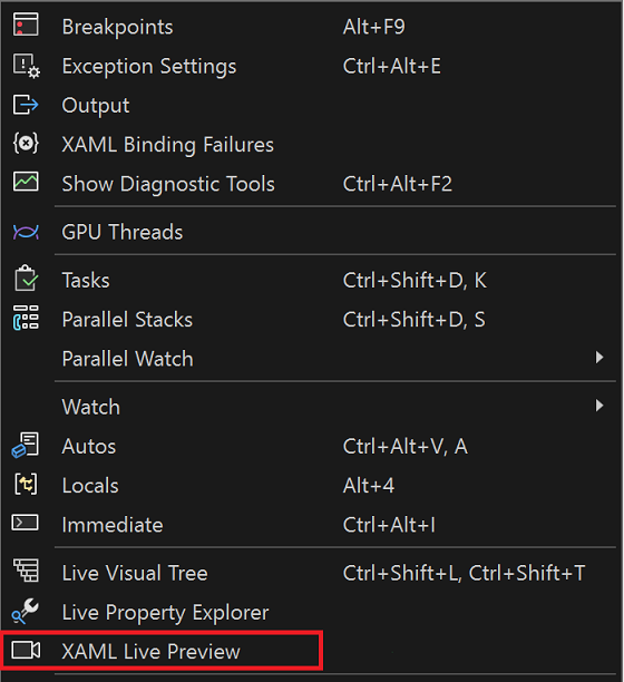 [デバッグ] メニュー バーの XAML ライブ プレビュー オプションのスクリーンショット。