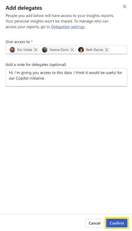 指定されたデリゲートの状態がどのように通知されるかを示すスクリーンショット。