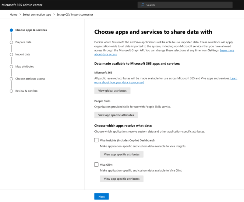 データ共有用のアプリを選択するためのページのスクリーンショット。
