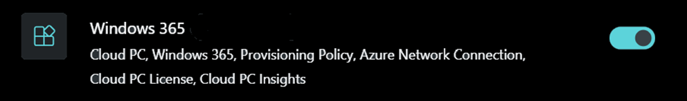 有効にする切り替えスイッチを示すソース領域のWindows 365 オプションのスクリーンショット