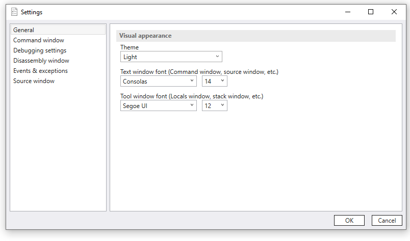 [全般] タブが表示されている WinDbg 設定メニューのスクリーンショット。