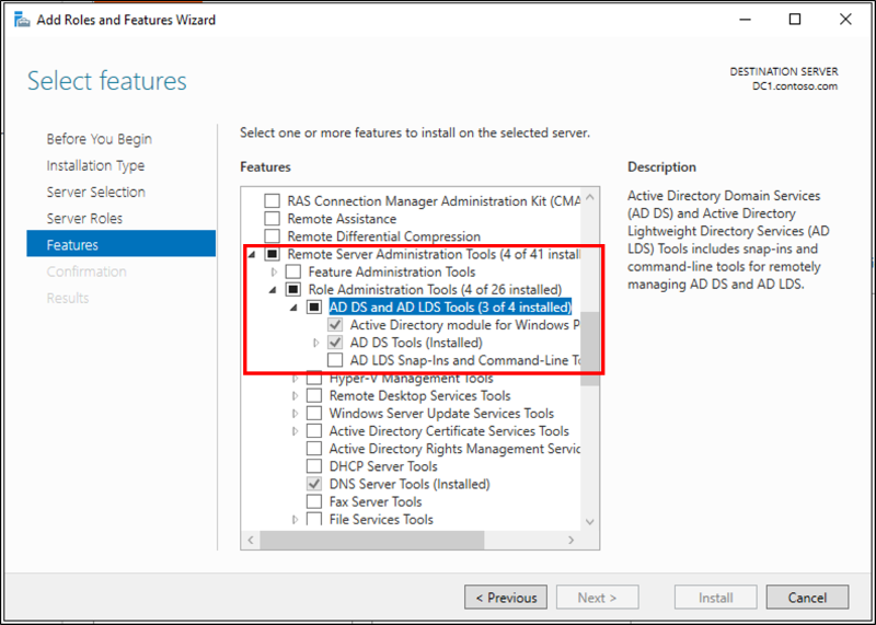 Windows PowerShell の Active Directory モジュールと AD DS ツールのオプションが強調表示されているスクリーンショット。