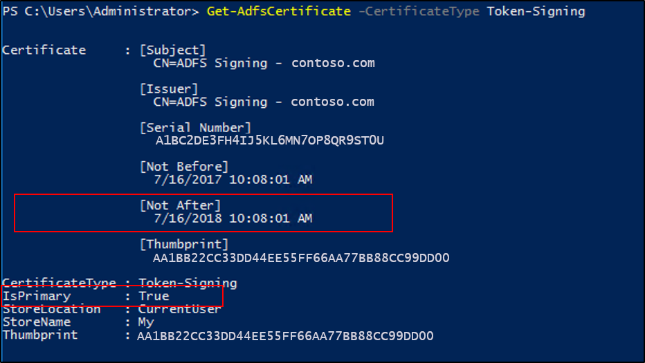 Not After の日付と IsPrimary プロパティが強調されている PowerShell ウィンドウのスクリーンショット。