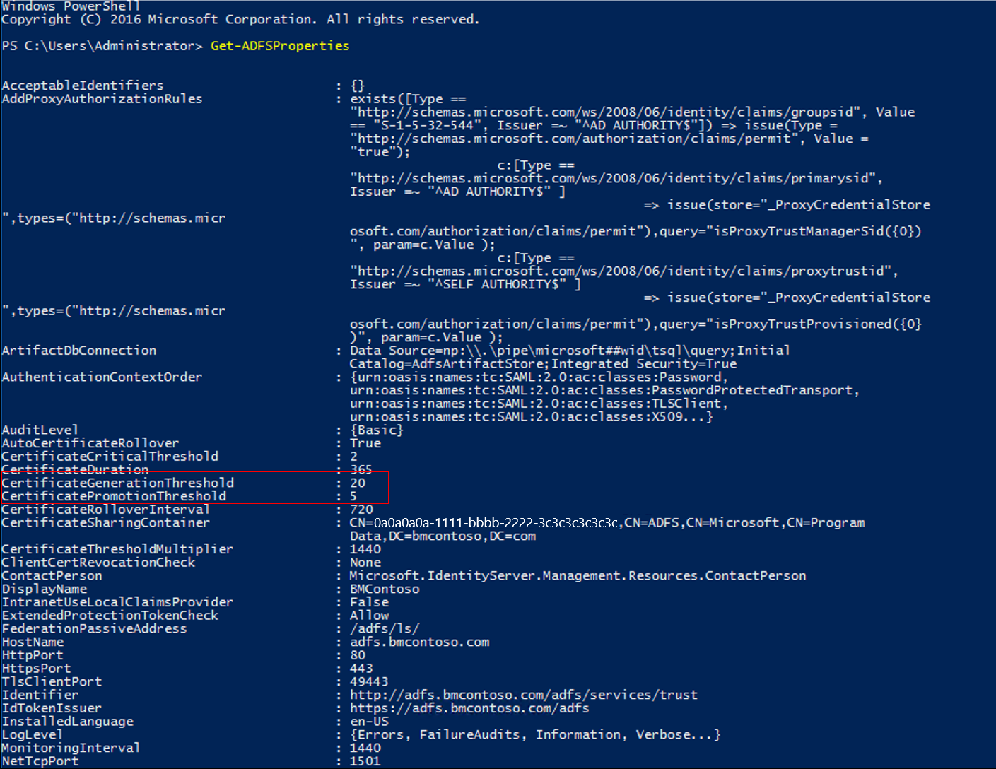 CertificateGenerationThreshold と CertificatePromotionThreshhold の値が強調されている PowerShell ウィンドウのスクリーンショット。