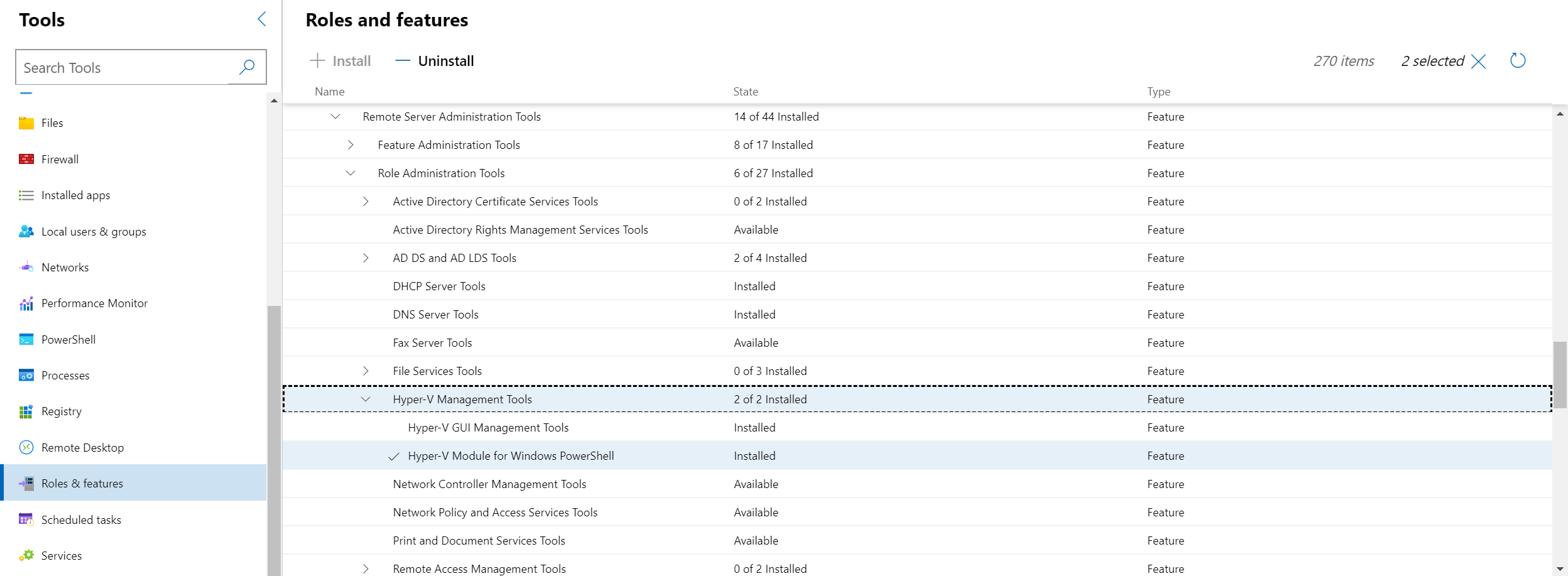 Hyper-V ロールが選択されていることを示すロールと機能のスクリーンショット