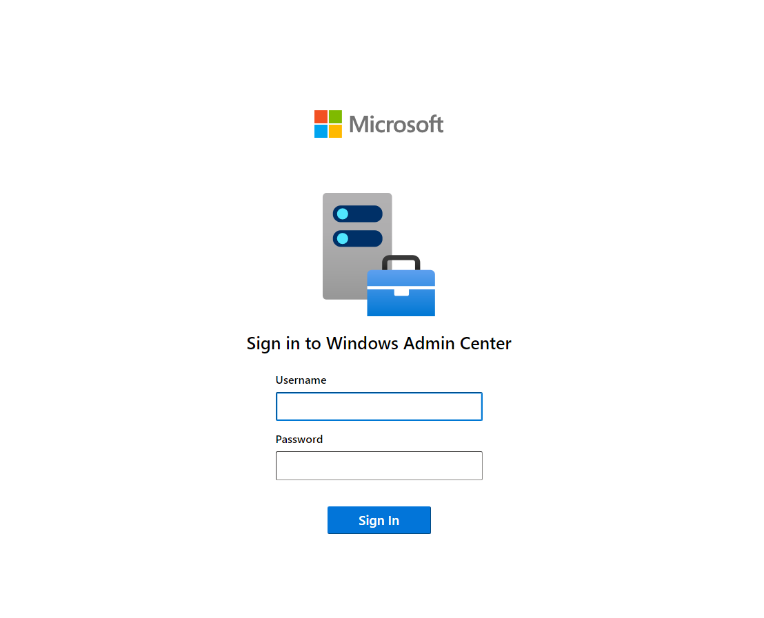 ブラウザー ウィンドウの Windows Admin Center のサインイン ページのスクリーンショット。