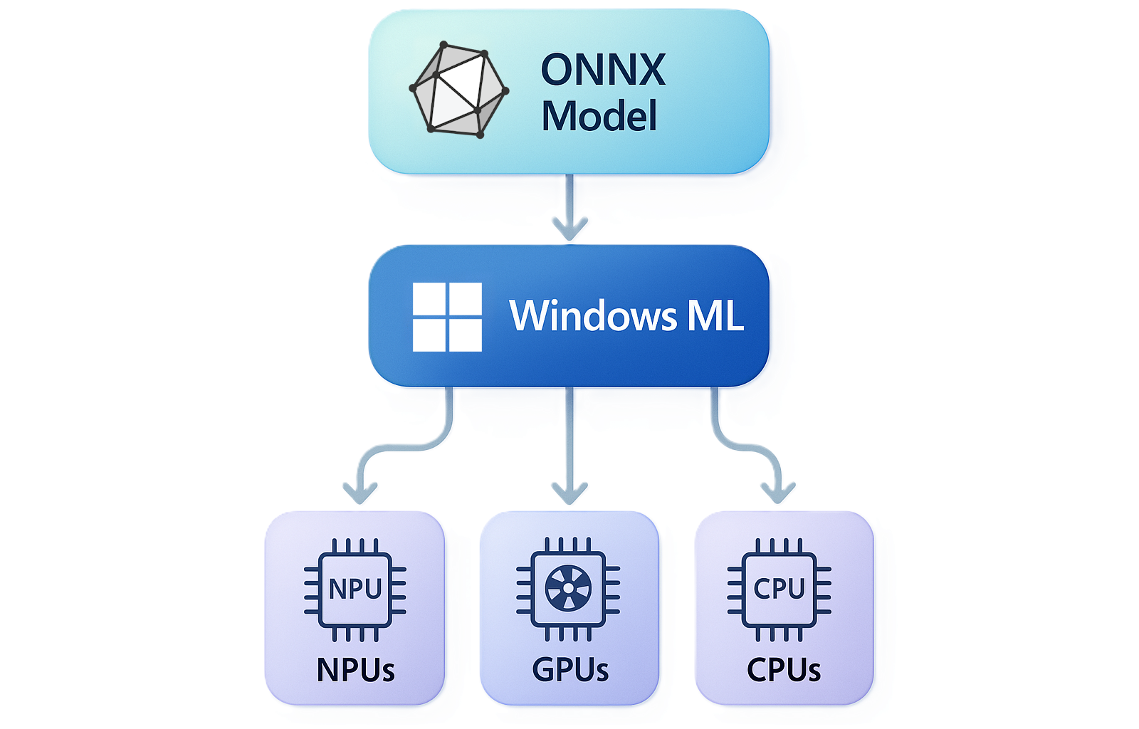 WINDOWS ML を経由して NPU、GPU、および CPU に到達する ONNX モデルを示す図。