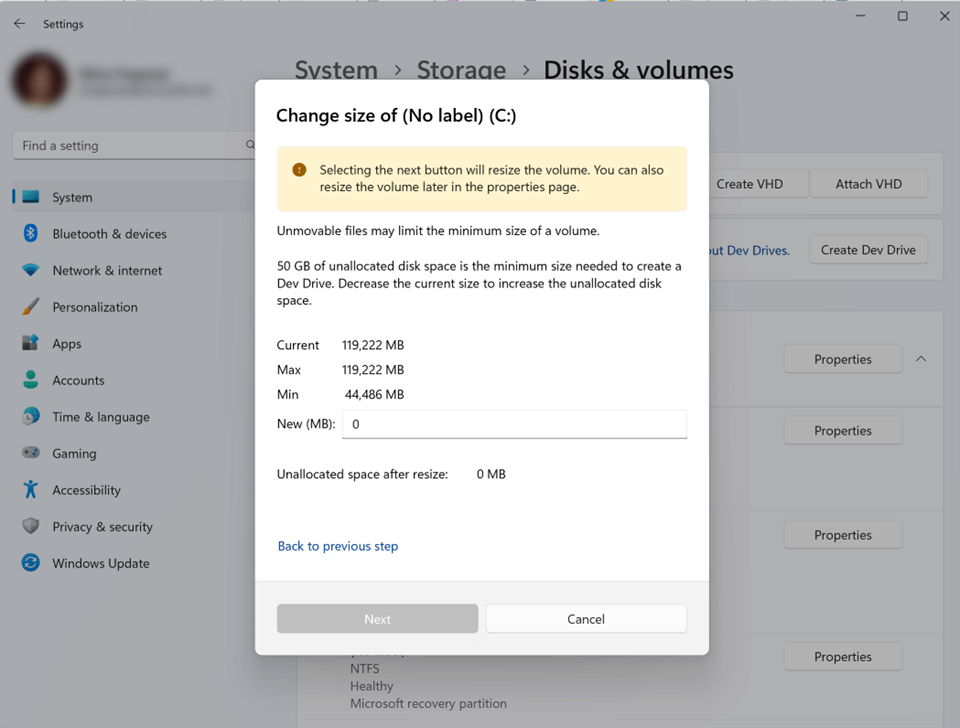 Dev Drive のサイズ変更設定のスクリーンショット。