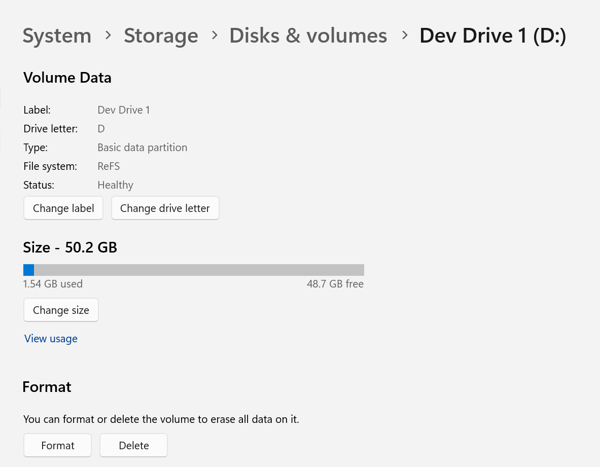Windows 設定で開発ドライブを削除する