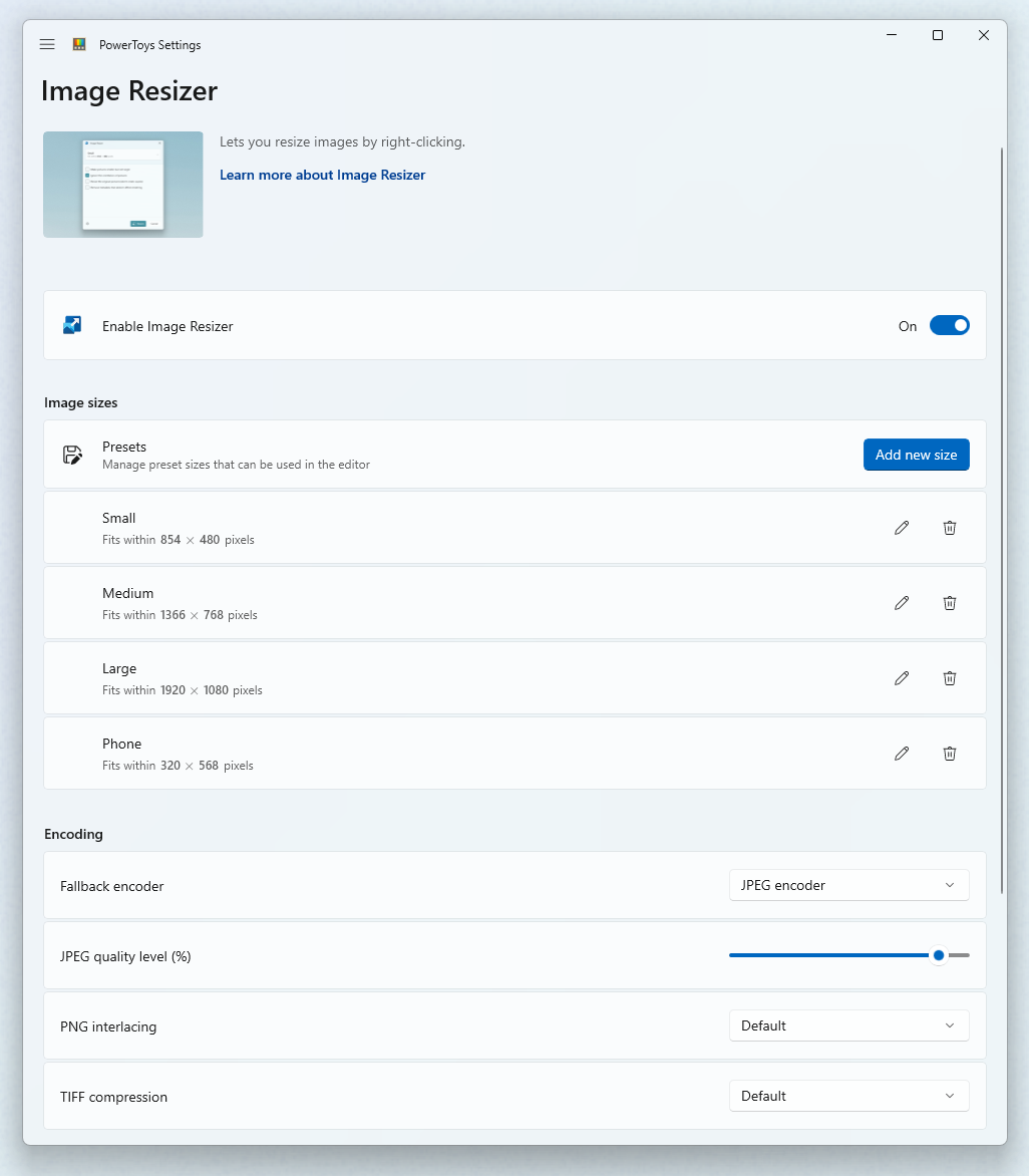 サイズのプリセットと構成オプションを示す PowerToysImage Resizer 設定ページのスクリーンショット。