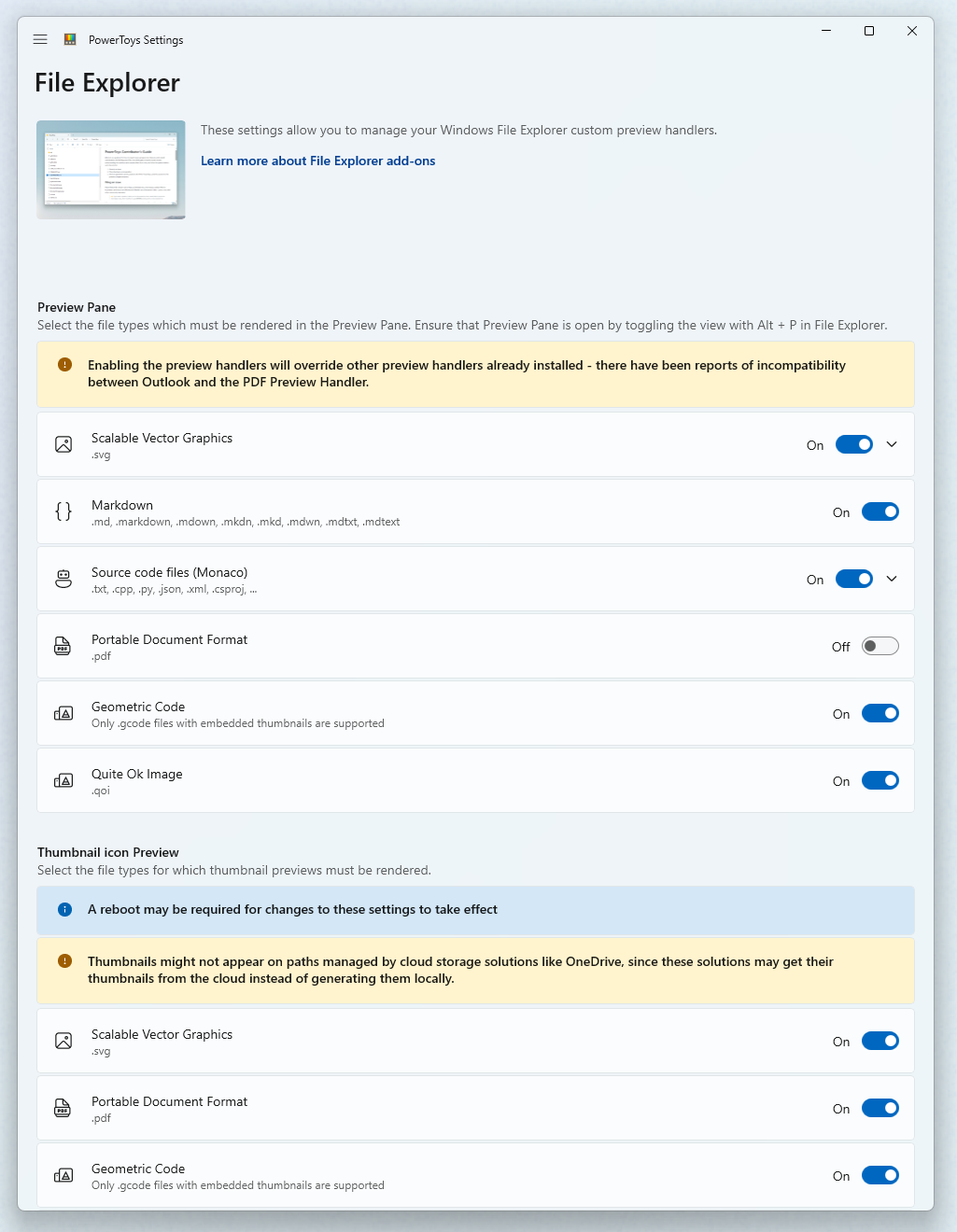 PowerToysアドオンの切り替えが有効になっているFile Explorer設定ページのスクリーンショット。