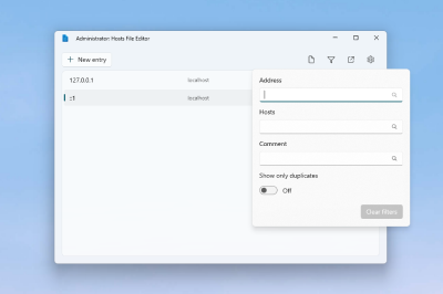 PowerToysの Hosts ファイル エディター Windows ユーティリティのスクリーンショット。