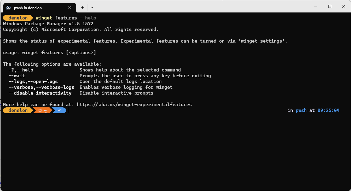 winget features コマンドのヘルプ オプションを示すスクリーンショット。