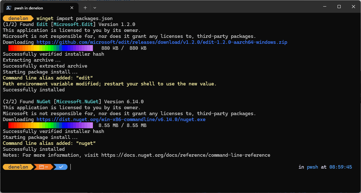 Windows ターミナルのコマンド ラインに winget import コマンドを入力するスクリーンショット。