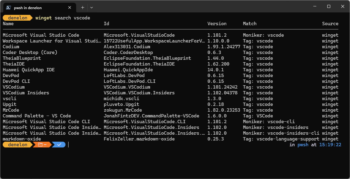 winget 検索コマンドの結果が表示されている Windows PowerShell のスクリーンショット。