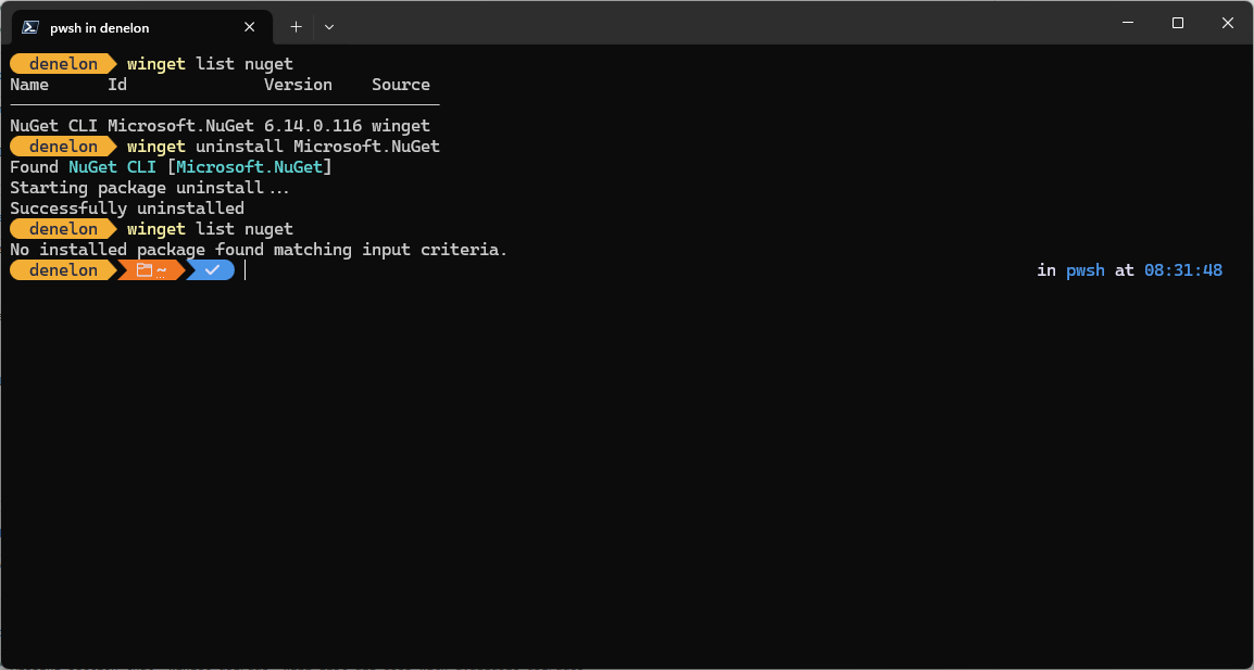 Windows ターミナルのコマンド ラインで winget アンインストール コマンドを入力するスクリーンショット。