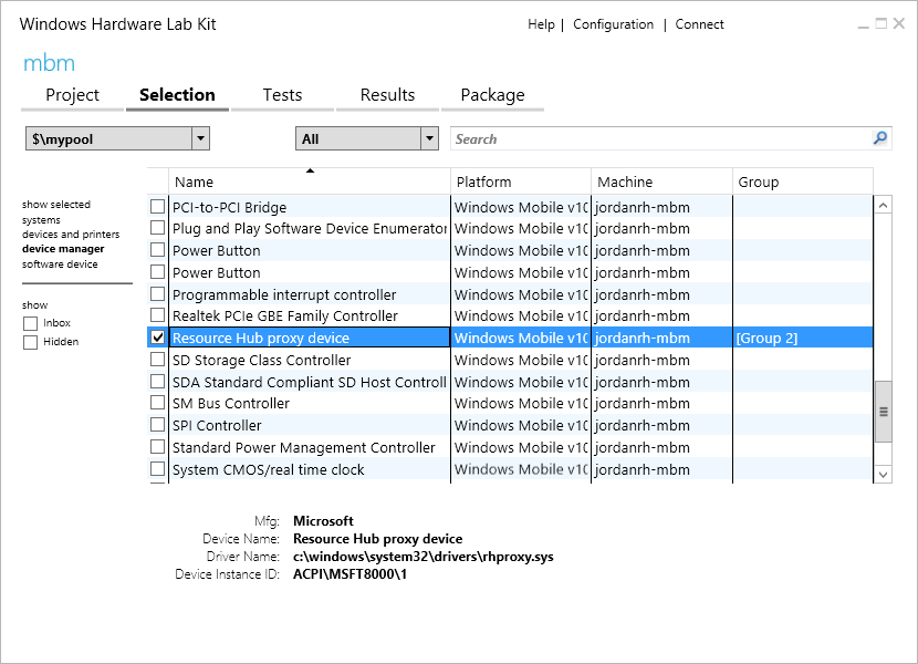 [リソース ハブ プロキシ デバイス] オプションが選択された [選択] タブを示す Windows Hardware Lab Kit のスクリーンショット。