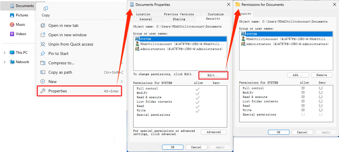 NTFS ディレクトリのアクセス許可を表示または変更するためのプロパティ ウィンドウ