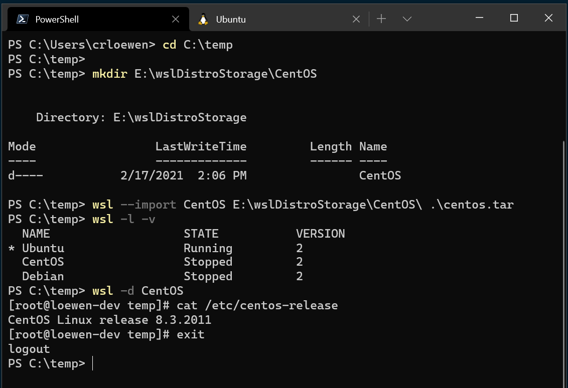WSL で実行されている上記のコマンドの例