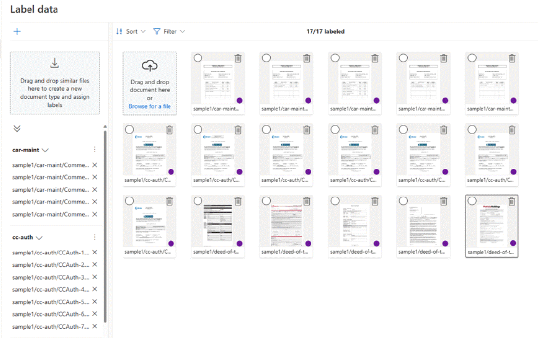 Document Intelligence Studio의 사용자 지정 분류 모델 레이블 지정을 보여 주는 스크린샷