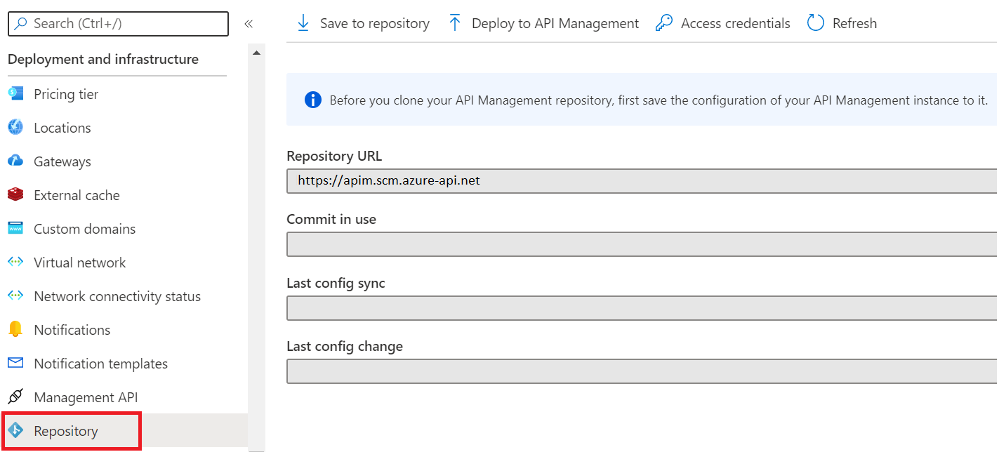 API Management에 대한 Git 구성 액세스 방법을 보여 주는 스크린샷.
